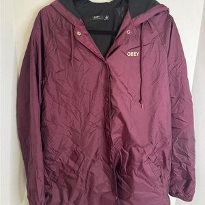 OBEY Burgundy Windbreaker Jacket Mens L Utility Zip Hooded Streetwear Logo Print